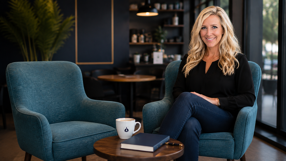 Smiling blonde woman in black blouse sits in a teal lounge chair beside a coffee mug and notebook in a cozy cafe.
