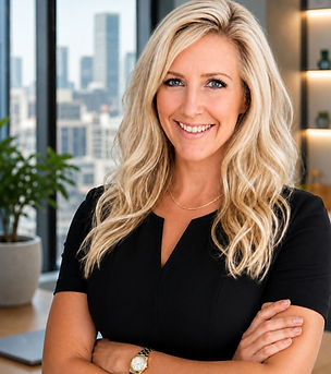 Julie Fisher, Founder and Fractional CMO of Fisher Marketing Services smiling in a black professional dress wearing a gold watch and necklace with long blonde hair slightly curled at the ends. She is inside an office with a city skyline outside the window. A green plant in a white vase is on the floor behind her and a lit shelf unit is in the background scene