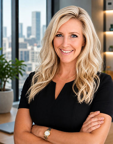 Julie Fisher, Founder and Fractional CMO of Fisher Marketing Services smiling in a black professional dress wearing a gold watch and necklace with long blonde hair slightly curled at the ends. She is inside an office with a city skyline outside the window. A green plant in a white vase is on the floor behind her and a lit shelf unit is in the background scene