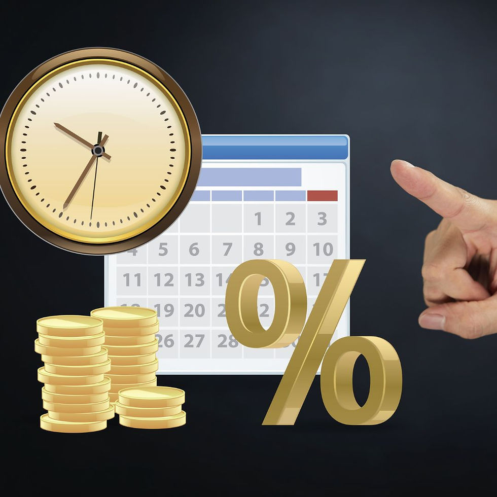 Clock, calendar, gold coins, and a percentage symbol on a dark background. A hand points, suggesting time and financial planning.