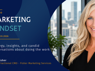 Smiling blonde woman, Julie Fisher, CEO of Fisher Marketing Services LLC, on a Marketing Mindset newsetter cover with city backdrop; text names Julie Fisher, CEO & Fractional CMO.