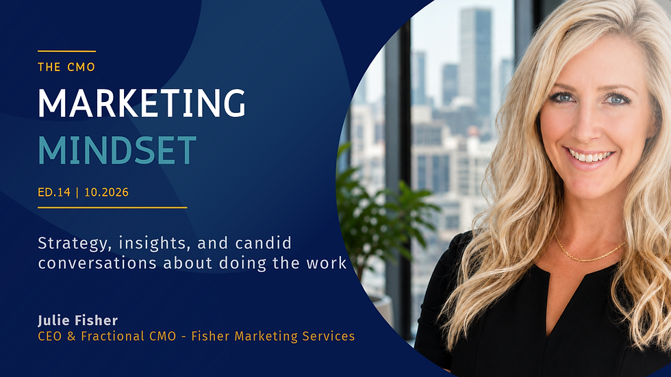 Smiling blonde woman, Julie Fisher, CEO of Fisher Marketing Services LLC, on a Marketing Mindset newsetter cover with city backdrop; text names Julie Fisher, CEO & Fractional CMO.