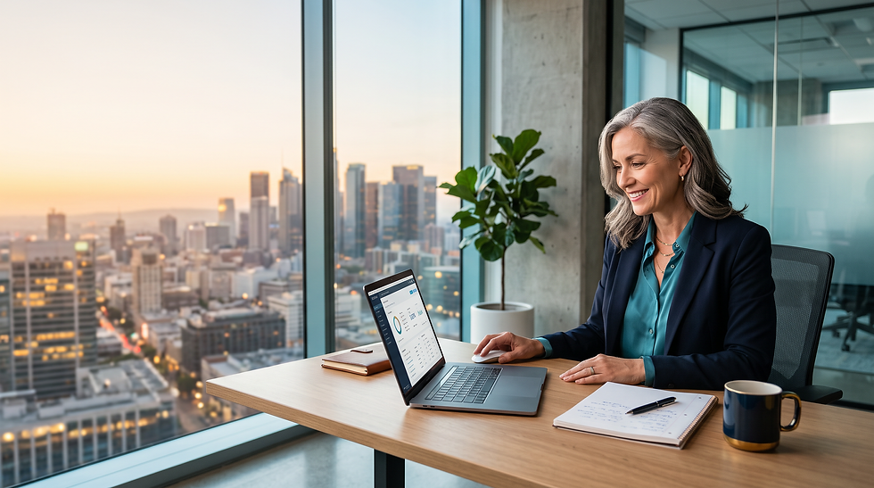 female_professional_at_a_bright_office_desk_with_skyline_behind_graded_navy_turquoise