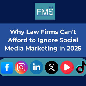 Text on dark blue background reads: "Why Law Firms Can't Afford to Ignore Social Media Marketing in 2025" with icons for social media platforms.