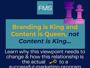 Branding is King and Content is Queen. Purple chess pieces, blue background, text about the importance of this marketing relationship.