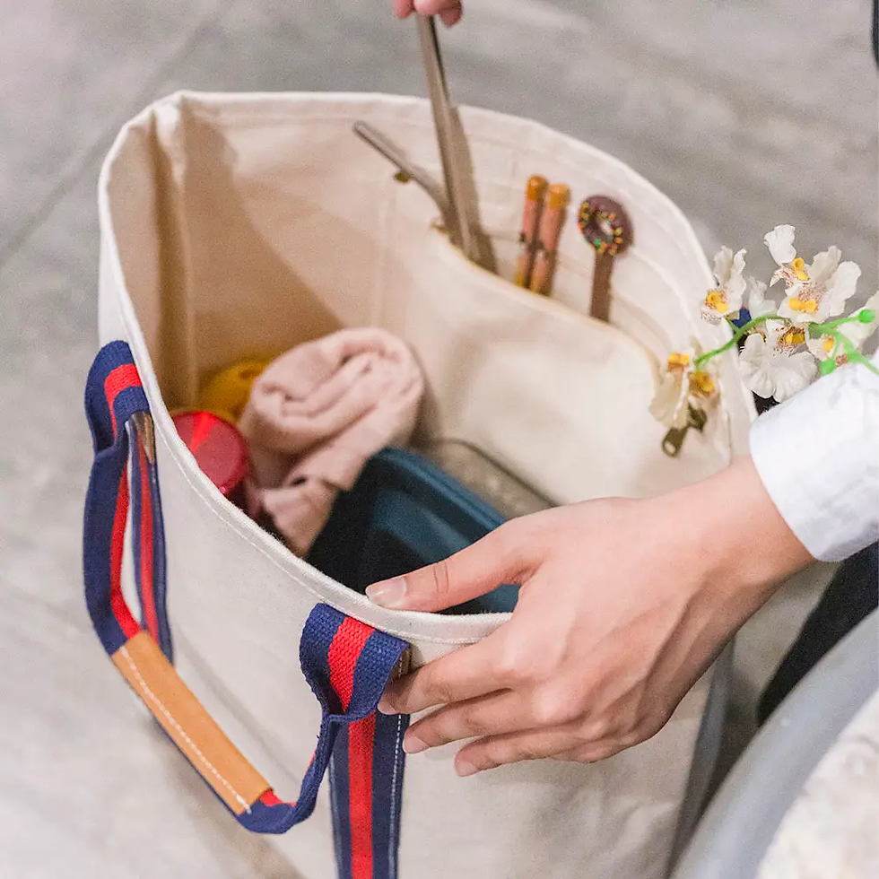 Thumbnail: Society Tote Bag with Leather | Navy & Red