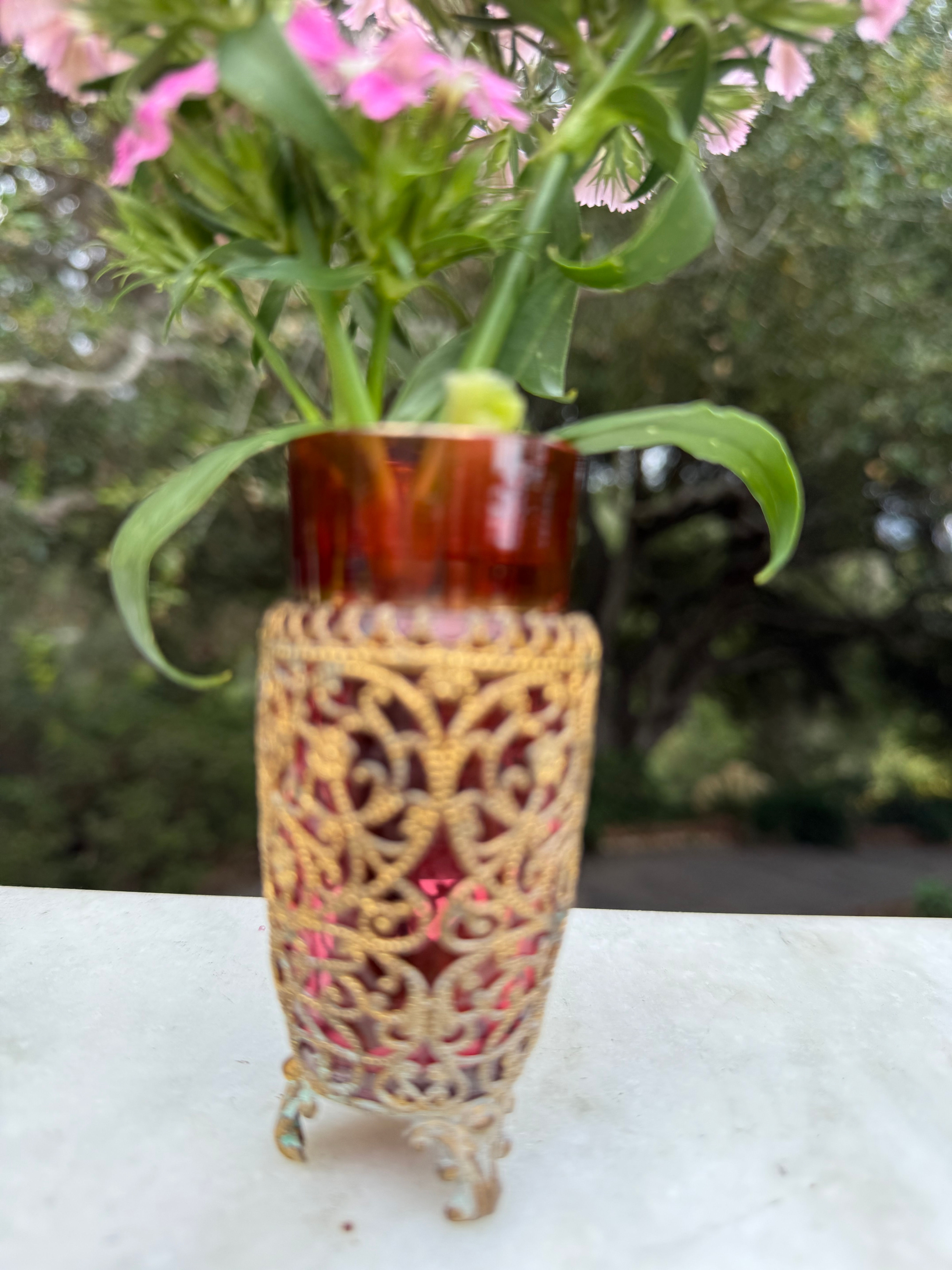 Cranberry Glass Bottle with Brass Overlay