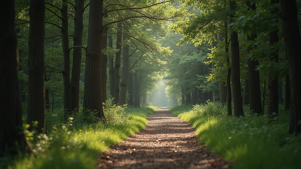 Eye-level view of a serene forest path