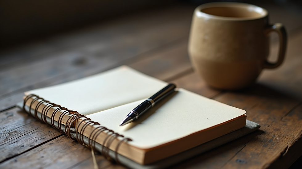 High angle view of a journal and pen on a wooden table