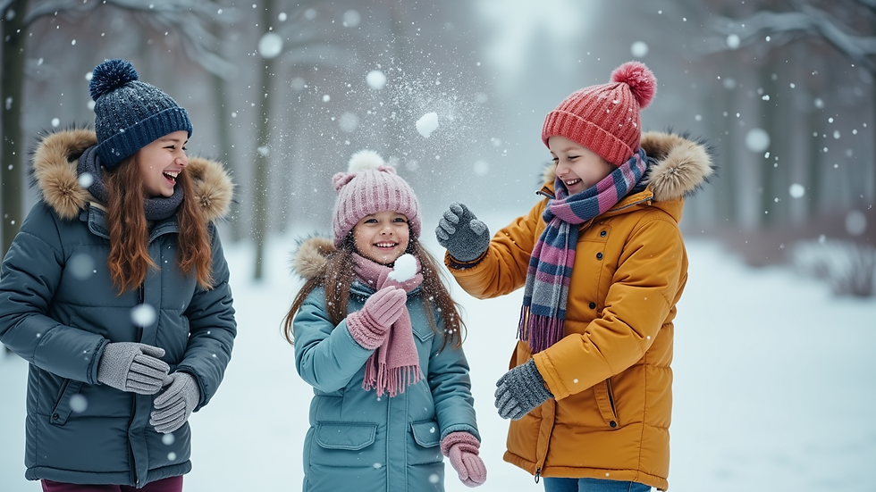 High angle view of a family enjoying a snowball fight in a snowy park