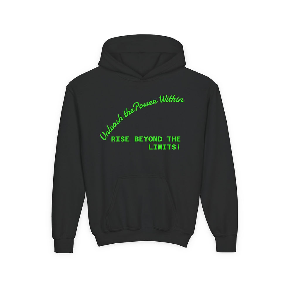 Black hoodie with lime green text: "Unleash the Power Within, Rise Beyond the Limits"