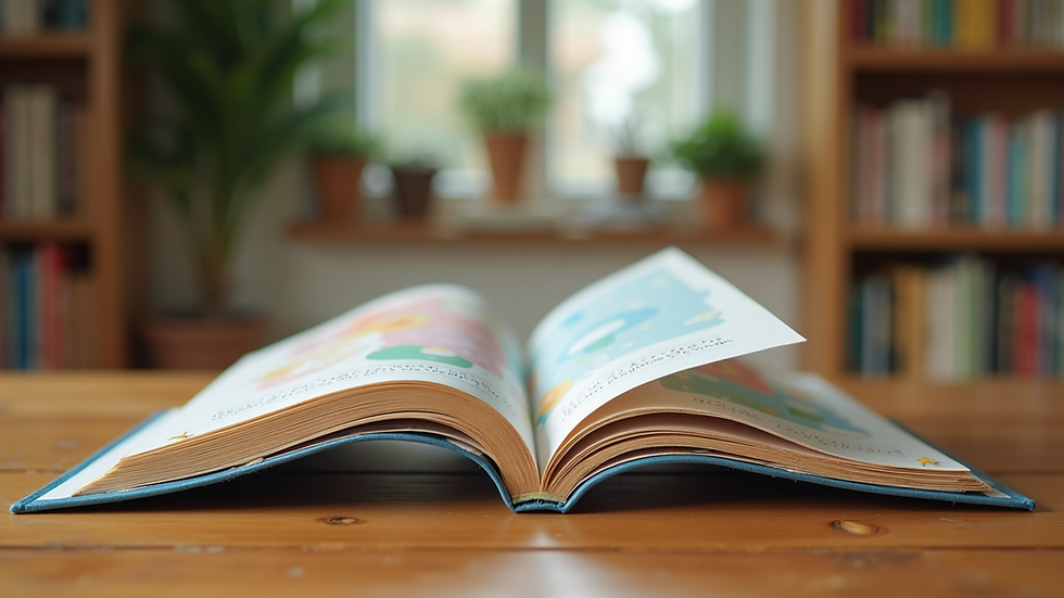 Eye-level view of a colorful children’s book open on a wooden table