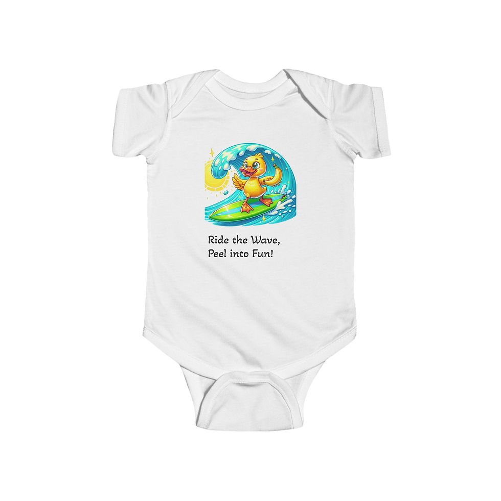 Adorable baby bodysuit: Surfing duckling, "Ride the wave, Pedal to the Beat".