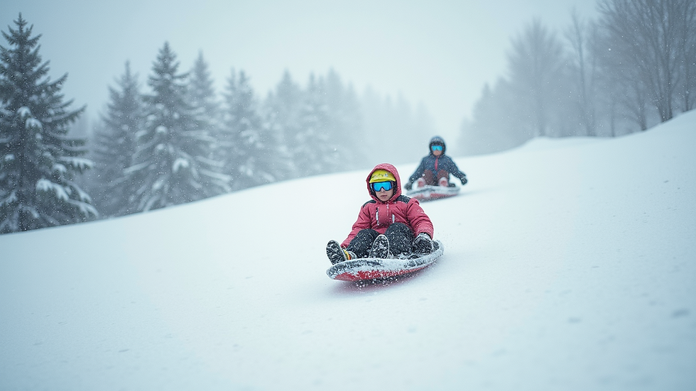 Eye-level view of a snowy hill with children sledding down