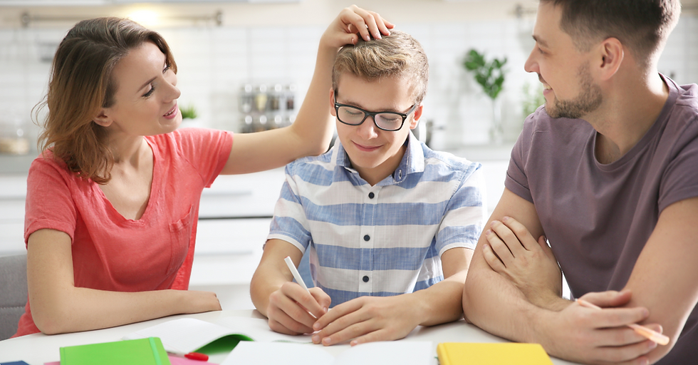 Boy with his parents studying