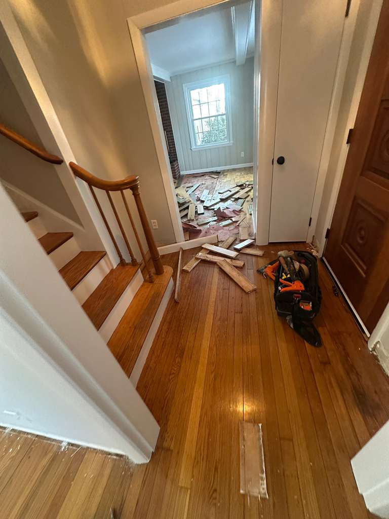 Modern MSI Bali Buff hardwood installation throughout a North Andover MA living room