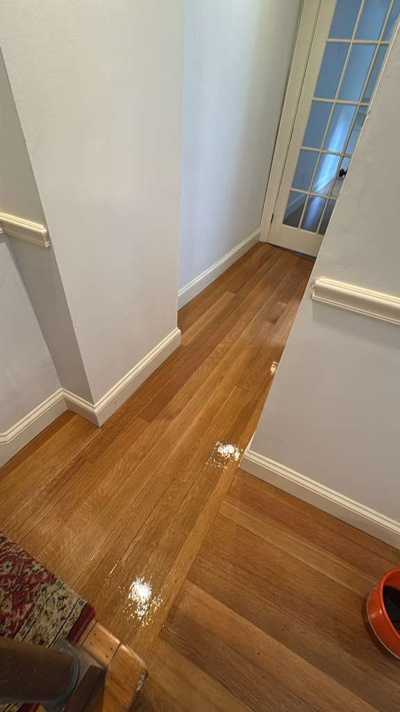 Hallway with wooden floor and white walls.
