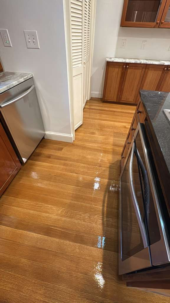 Kitchen with wooden floor and stainless steel appliances.