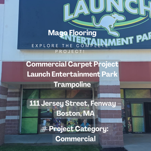 Building exterior with text overlay about flooring project.