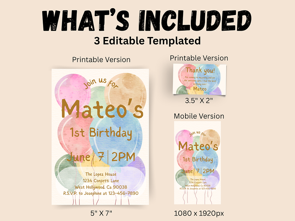 Thumbnail: Watercolor Balloon Birthday Bundle | Digital Invitation + Thank You Card | Print
