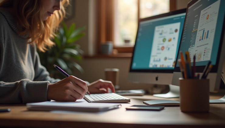Vista a nivel de ojo de una creadora de contenido tomando notas frente a su computadora