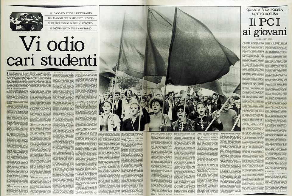 P.P. PASOLINI, Il PCI ai giovani! ovvero Vi odio cari studenti , su «L'Espresso», n.24, 16 giugno 1968, pp.12-13. La poesia venne scritta per la rivista «Nuovi Argomenti» e «L’Espresso» la pubblicò in anteprima.