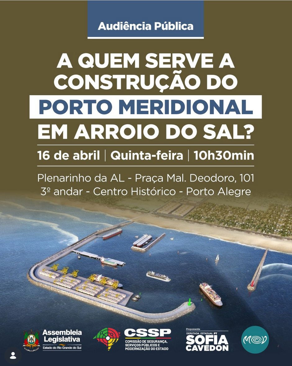 artaz de audiência pública sobre o Porto Meridional em Arroio do Sal, no Litoral Norte do RS, com debate sobre impactos ambientais.