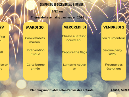 Planning semaine du 29 décembre au 2 janvier 