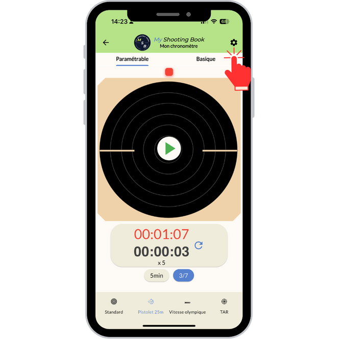 Accéder aux paramètres du chronomètre de tir sportif MyShootingBook pour encore plus d'options