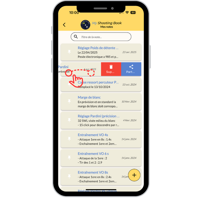 Supprimer ou partager les notes du carnet de tir MyShootingBook