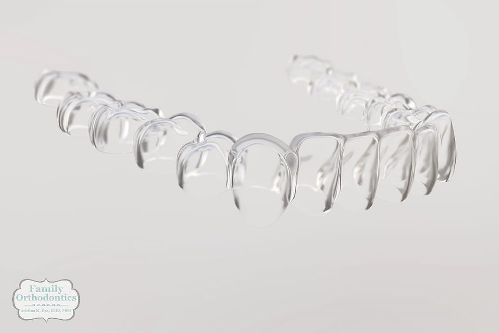 Clear aligner set against a plain background. Translucent dental appliance is the focal point. Logo reads Family Orthodontics in light blue. Invisalign Cost in Avon and Torrington, CT