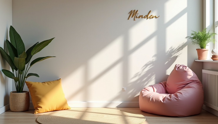 High angle view of a teen room corner with a bean bag chair, indoor plants, and a personalized name sign