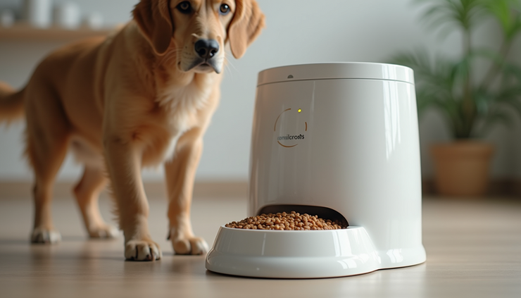 Close-up of an automatic pet feeder dispensing food