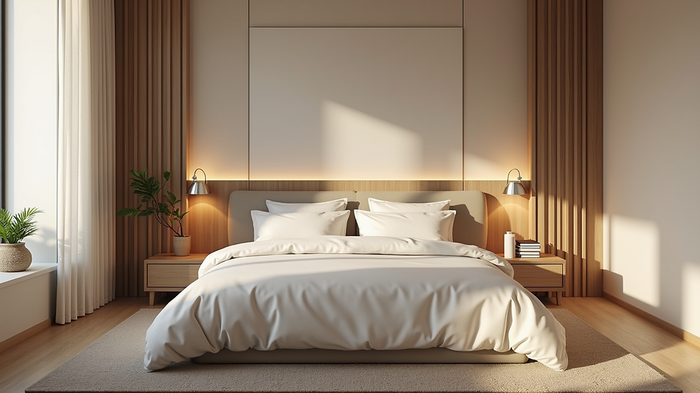 Close-up view of a peaceful bedroom with soft bedding
