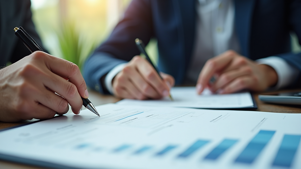 Close-up view of a financial advisor reviewing documents with a client