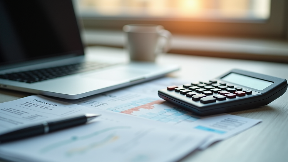 Close-up view of a calculator and financial documents on a desk
