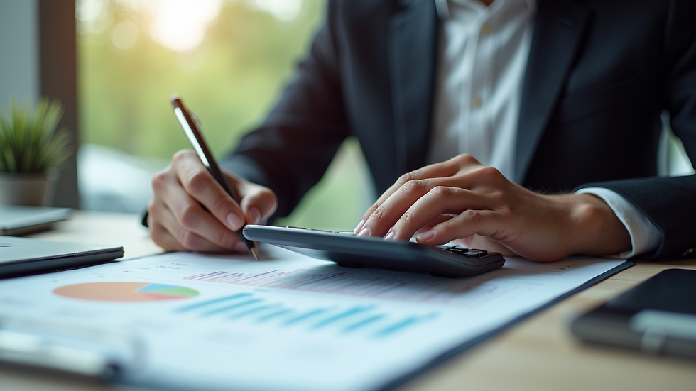 High angle view of a business owner confidently planning finances with a calculator and notes