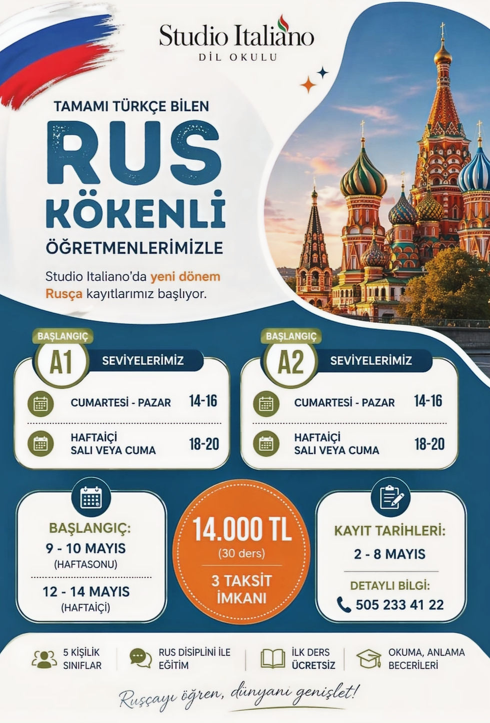 Rusça eğitimlerimizde yüzde 60 indirim ve 3 taksit imkanı. Tamamı Türkçe bilen Rus öğretmenlerimizle yüzyüze derslerimiz başlıyor.