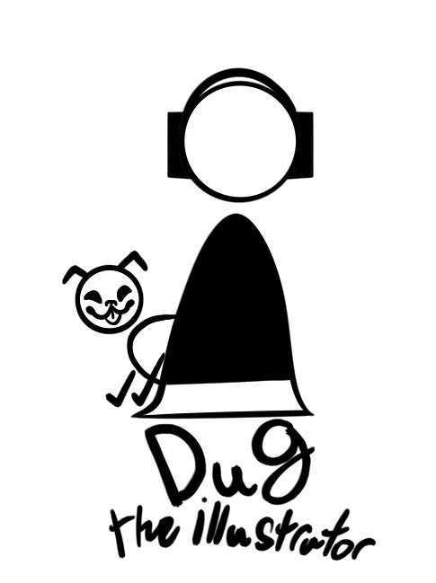 Black and White drawing Self Portrait with dog signature title