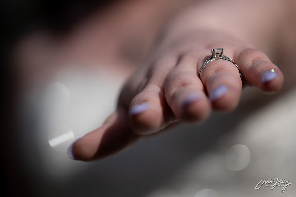 Bride shows wedding ring off to camera in macro close-up