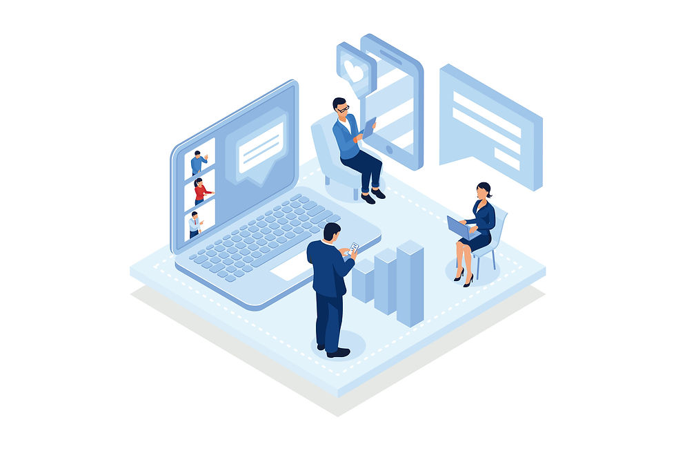 Isometric illustration of professionals interacting with digital devices, charts, and messages.