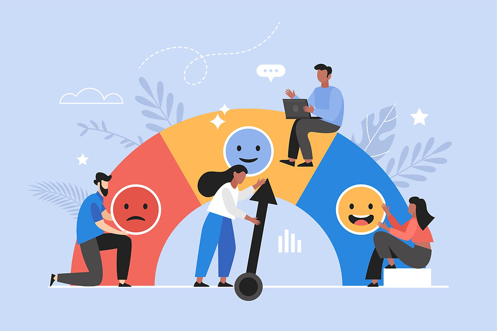 Illustration of people interacting with a feedback gauge showing various emotion levels.