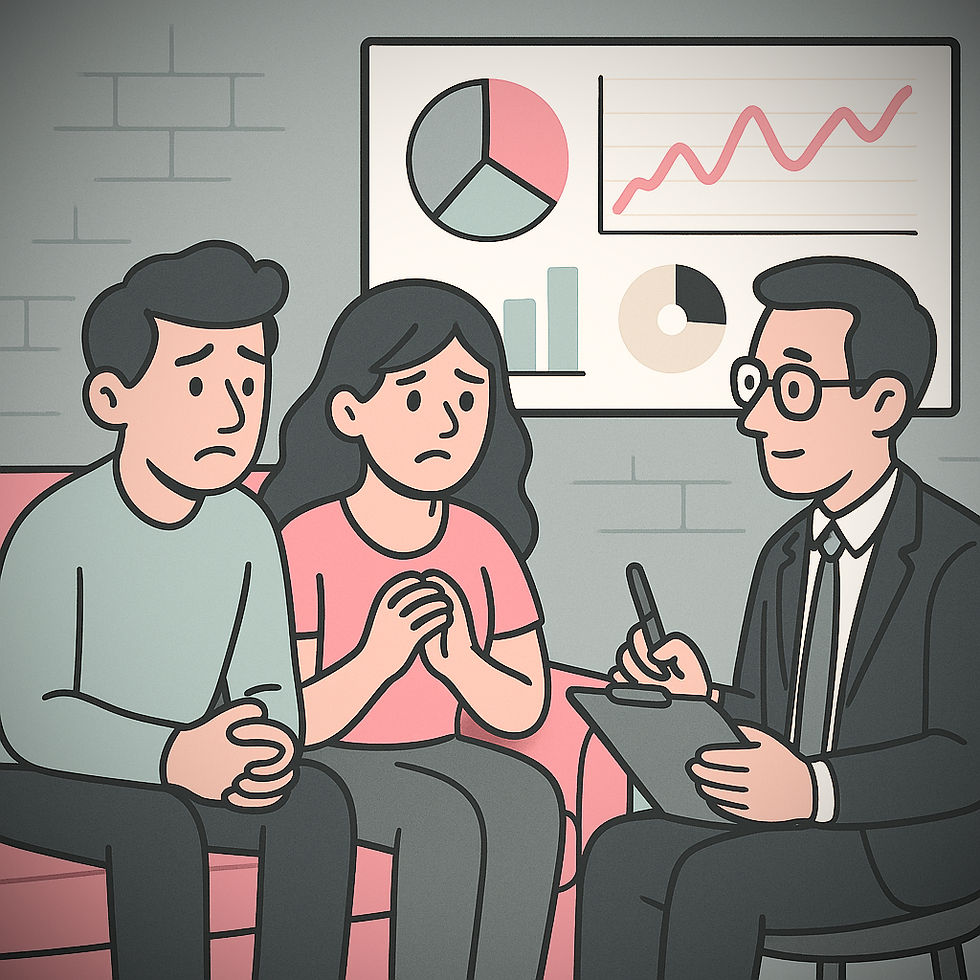 A worried couple sits on a pink couch talking to a therapist with a clipboard. A chart with graphs is on the blue wall behind them.