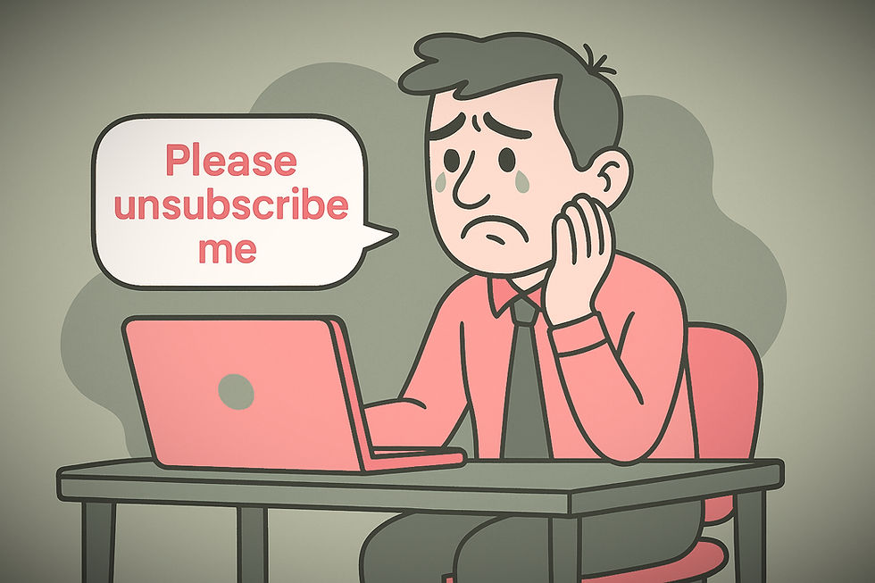 Sad cartoon man at a pink laptop with a speech bubble saying, "Please unsubscribe me." Blue background, contrasting colors.