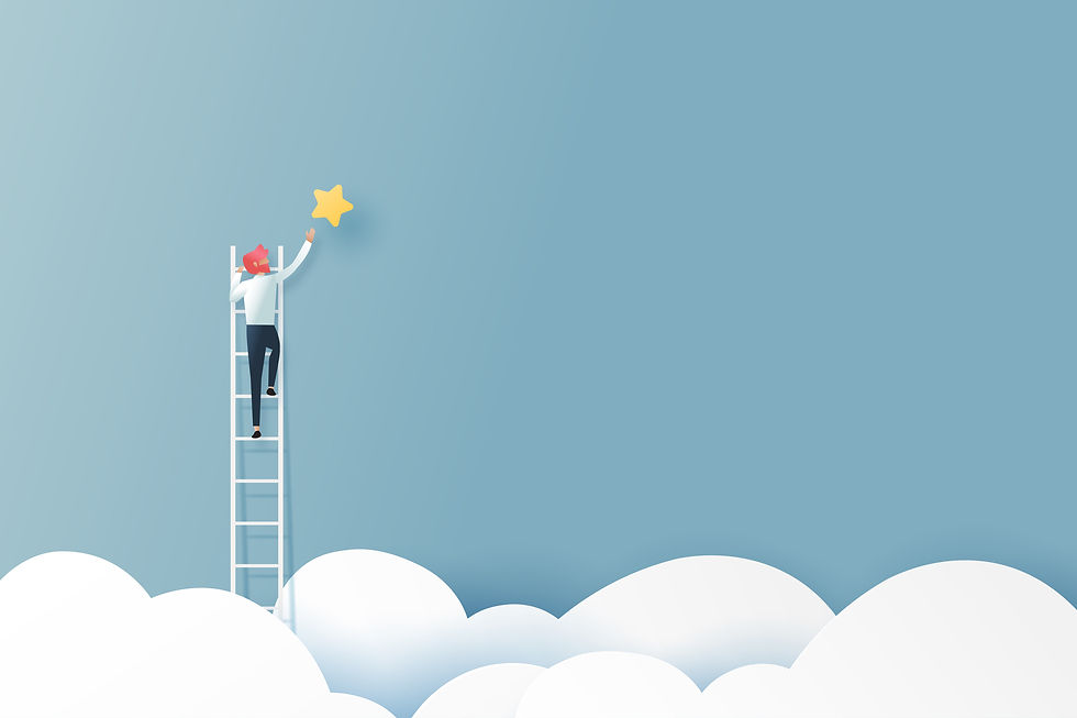 An illustration of a person climbing stairs over the clouds to reach for a star