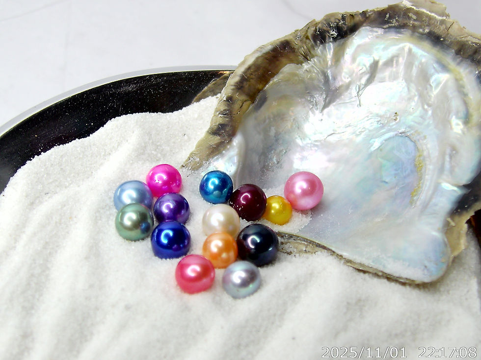 Colorful pearls in a shell on white sand, bright and inviting