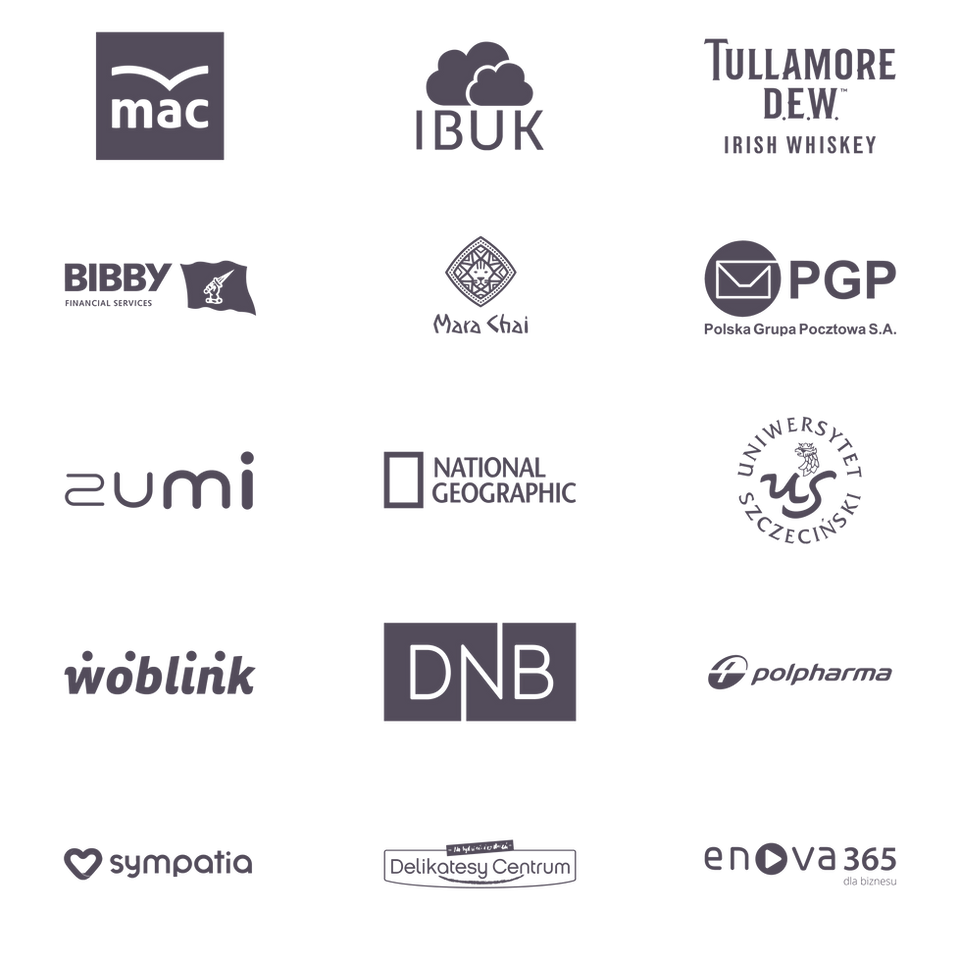 logotypy klientów agencji 1000ideas w tym IBUK, DNB, National Geographic, Publio i Sympatia