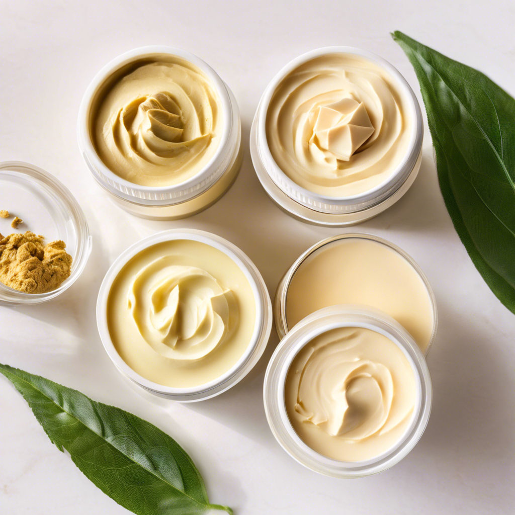 An assortment of luxurious body butters displayed in elegant jars, beautifully surrounded by lush green foliage. The rich textures and colors of the butters contrast with the vibrant greenery, creating a fresh and inviting atmosphere that emphasizes natural beauty and indulgence.