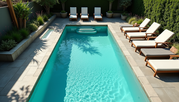 High angle view of a backyard pool with surrounding lounge chairs and landscaping