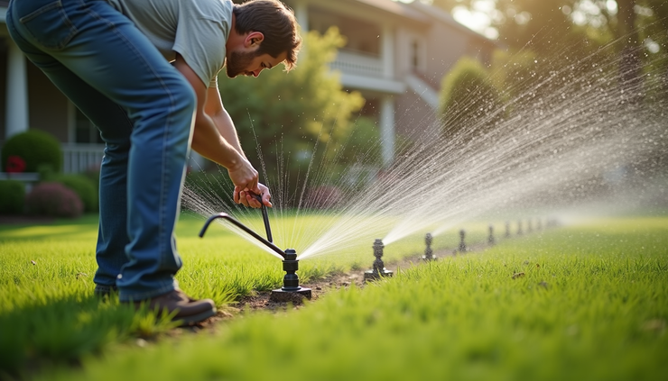Close-up view of a landscaper adjusting an irrigation system in a garden
